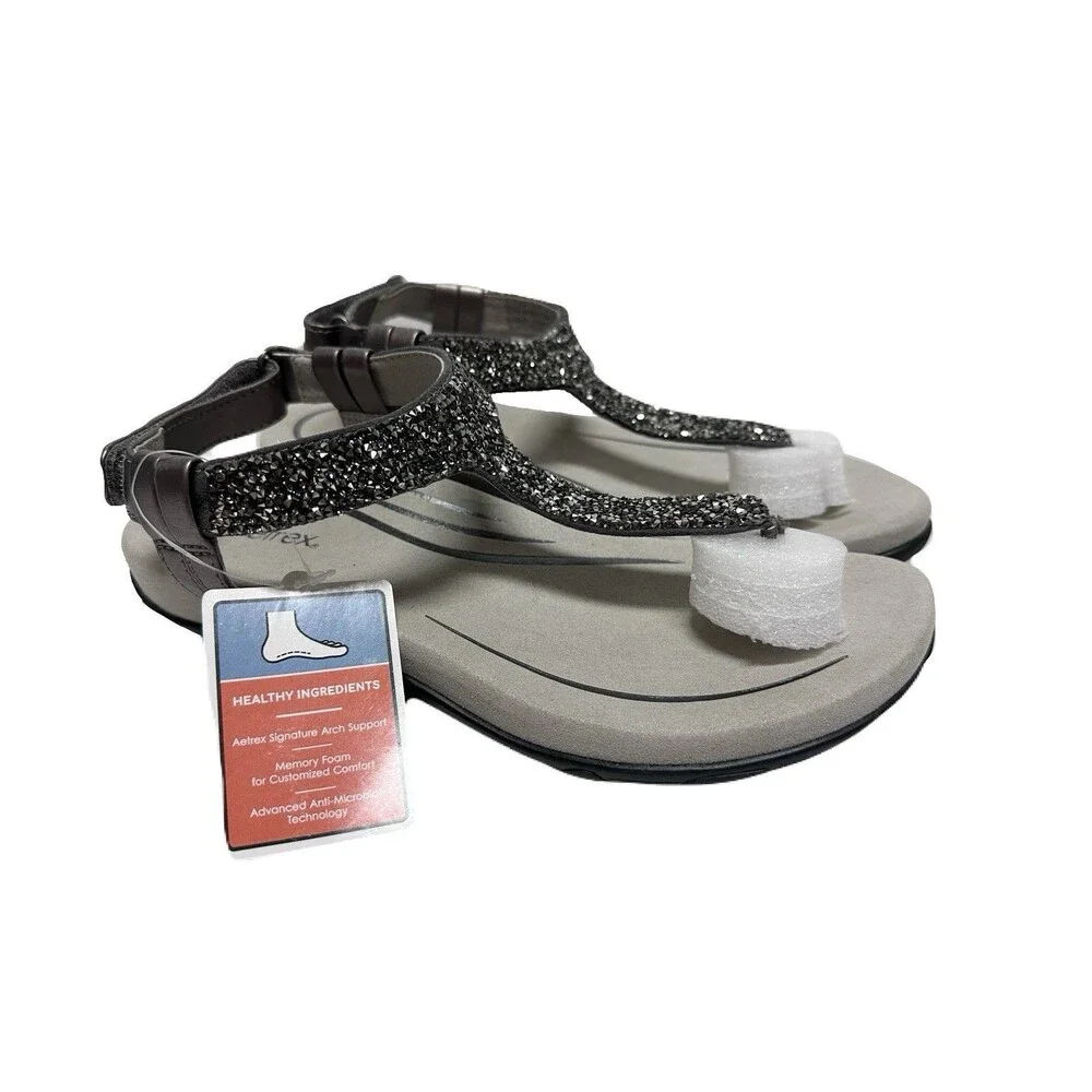 NEW Aetrex Womens Size 8.5 Gunmetal Leather Jade Sparkle Arch Support Sandals - Picture 2 of 9
